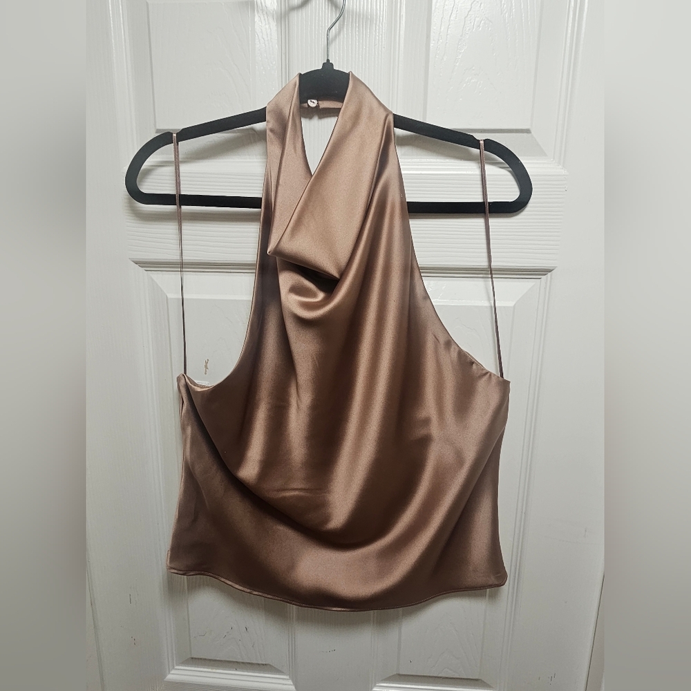 ZARA Brown Satin Halter Top Size L Sleeveless High Neck NWT - Picture 2 of 7